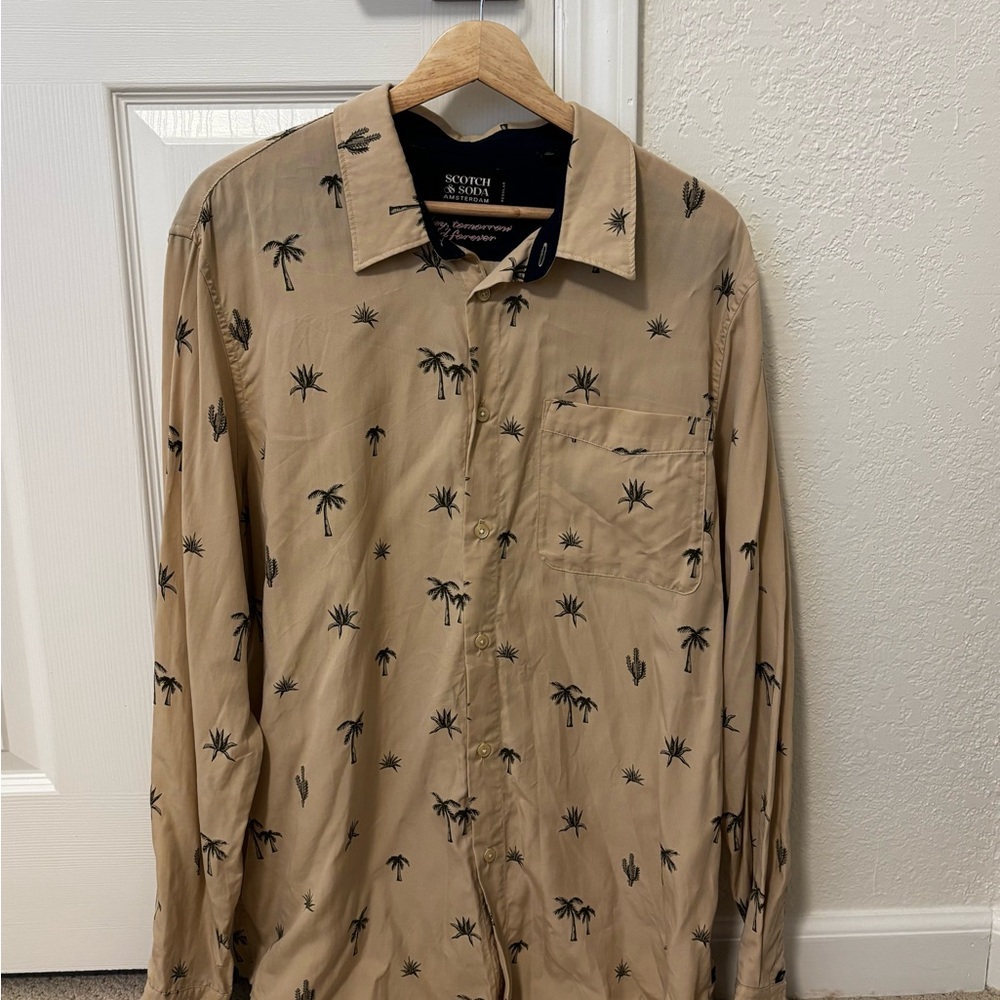 Tan Palm Tree Print Button-Up Shirt